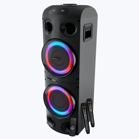 ZEBRONICS New Launch Knock Party DJ Speaker, 230W, Karaoke, Dual Wireless UHF Mic, Dual Bluetooth & USB, Guitar Input, Mic, Aux, A/B Cross Fader, RGB LED, Dual 20.32cm Full Range Drivers